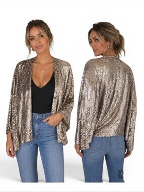 Toby Heart Ginger Gold Sequin Kimono Jacket Boho Festival Holiday Party S